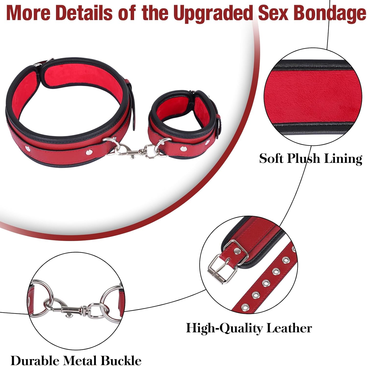 Sex Bondage Wrist & Thigh Cuffs BDSM Restraints Set, Sex Toys for Women with Adjustable Leg Straps Handcuffs for Couple Beginner SM Game Play (Deep Red)