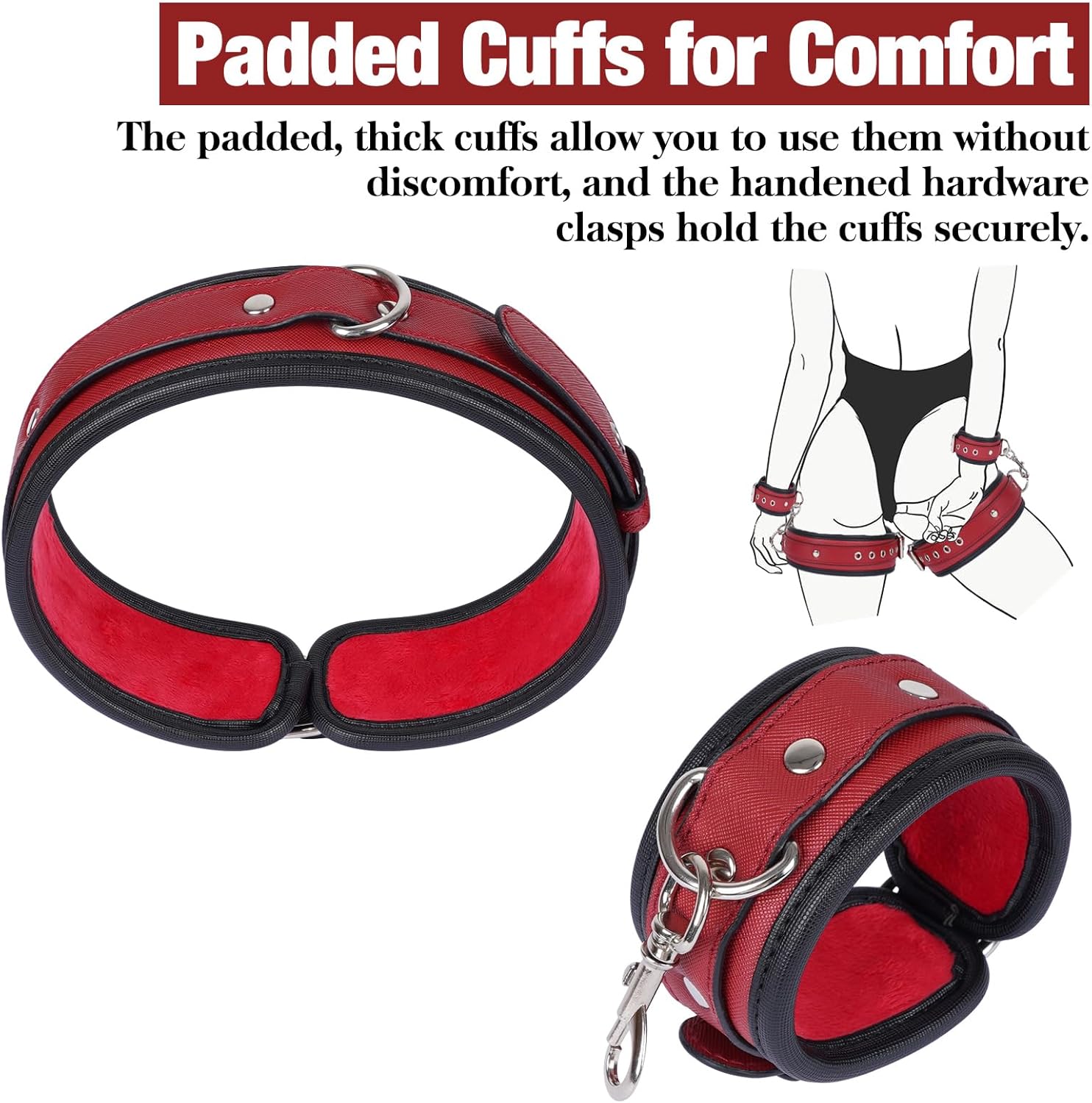 Sex Bondage Wrist & Thigh Cuffs BDSM Restraints Set, Sex Toys for Women with Adjustable Leg Straps Handcuffs for Couple Beginner SM Game Play (Deep Red)