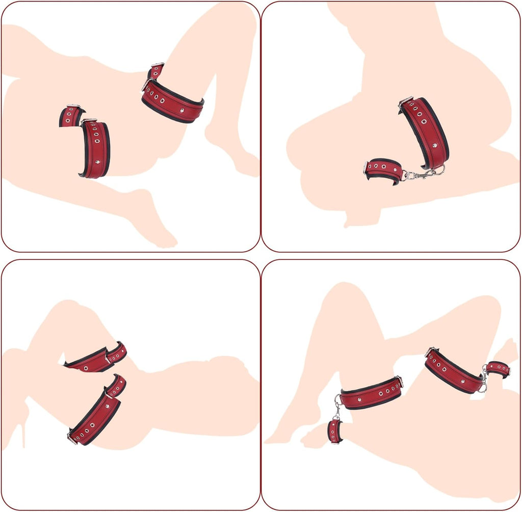 Sex Bondage Wrist & Thigh Cuffs BDSM Restraints Set, Sex Toys for Women with Adjustable Leg Straps Handcuffs for Couple Beginner SM Game Play (Deep Red)