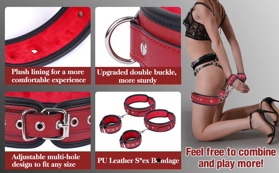 Sex Bondage Wrist & Thigh Cuffs BDSM Restraints Set, Sex Toys for Women with Adjustable Leg Straps Handcuffs for Couple Beginner SM Game Play (Deep Red)