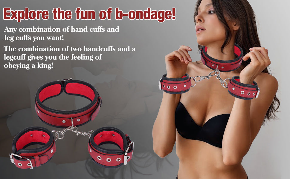 Sex Bondage Wrist & Thigh Cuffs BDSM Restraints Set, Sex Toys for Women with Adjustable Leg Straps Handcuffs for Couple Beginner SM Game Play (Deep Red)