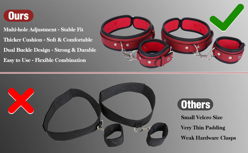 Sex Bondage Wrist & Thigh Cuffs BDSM Restraints Set, Sex Toys for Women with Adjustable Leg Straps Handcuffs for Couple Beginner SM Game Play (Deep Red)