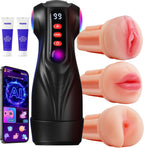 Male Masturbator Sex Toys for Men - 3 Sleeves Sets AI Sync Pocket Pussy Penis Pump with 9 Sucking & 9 Vibrating, APP Adult Toys Mens Sex Toy, Colorful Lighting Stroker Machine Sets Sex Kits