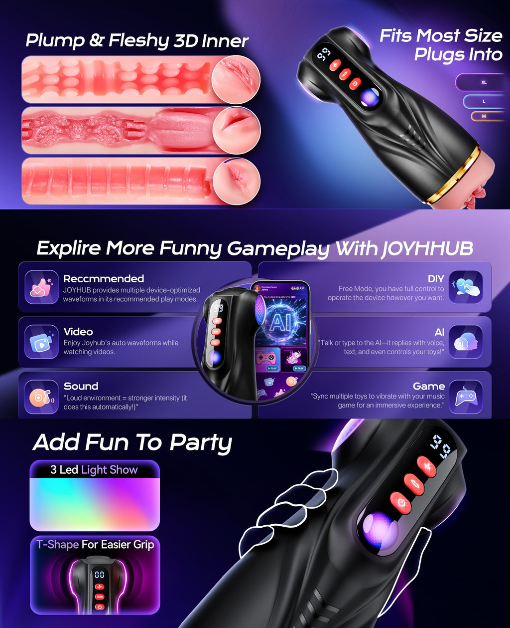 Male Masturbator Sex Toys for Men - 3 Sleeves Sets AI Sync Pocket Pussy Penis Pump with 9 Sucking & 9 Vibrating, APP Adult Toys Mens Sex Toy, Colorful Lighting Stroker Machine Sets Sex Kits