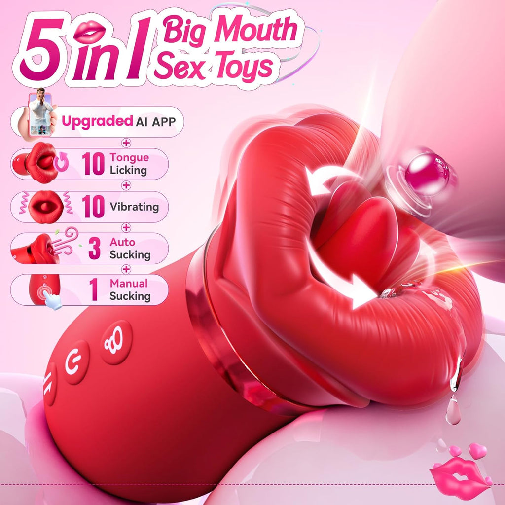 Vibrator Adult Sex Toys for Women - 5IN1 Mouth Sucking Vibrator Rose Sex Toy, 10 Tongue Licking, 3 Auto & 1 Manual Sucking Adult Toys New APP, Anal Clit Nipple Vibrators Female Couples Sex Toys