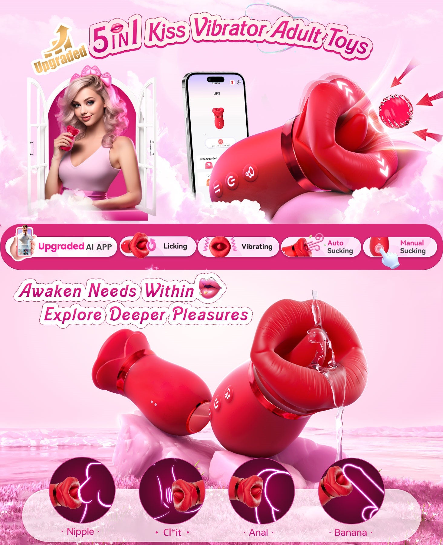 Vibrator Adult Sex Toys for Women - 5IN1 Mouth Sucking Vibrator Rose Sex Toy, 10 Tongue Licking, 3 Auto & 1 Manual Sucking Adult Toys New APP, Anal Clit Nipple Vibrators Female Couples Sex Toys