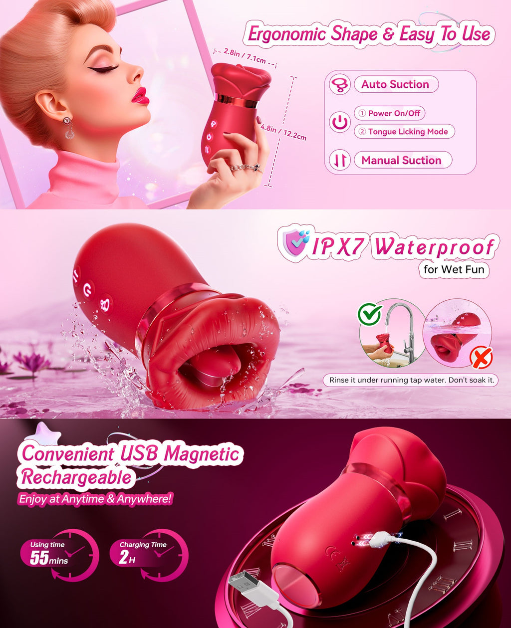 Vibrator Adult Sex Toys for Women - 5IN1 Mouth Sucking Vibrator Rose Sex Toy, 10 Tongue Licking, 3 Auto & 1 Manual Sucking Adult Toys New APP, Anal Clit Nipple Vibrators Female Couples Sex Toys